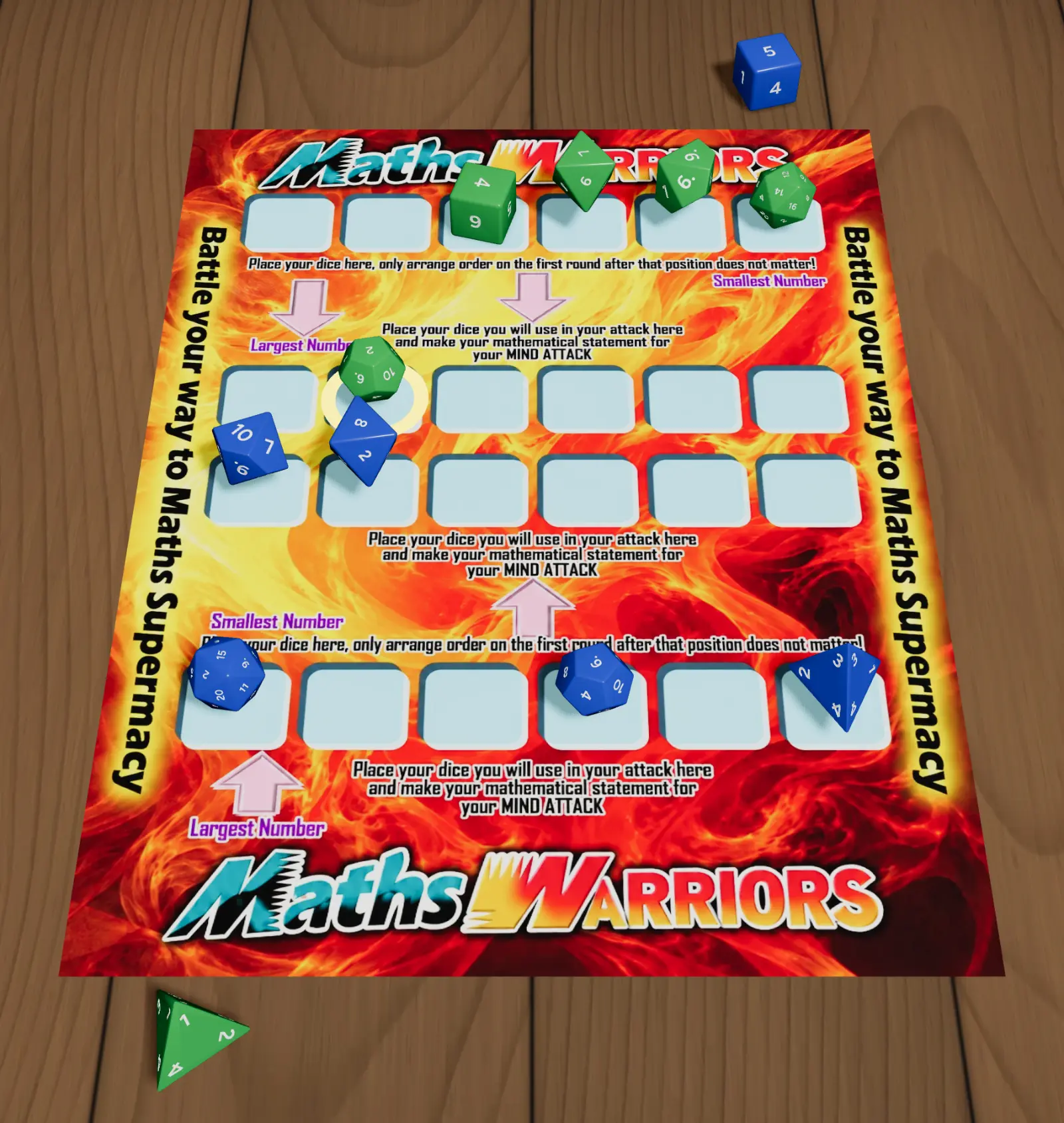 The Maths Warriors board on a wooden table, with blue dice on the near side and green dice on the far side.